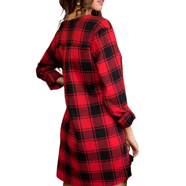 Long Sleeve Pleats Plaid Print Dress